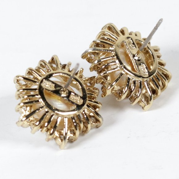 Sterling Silver 925 Faux Pearl CZ Starburst Gold Plated Earrings Signed PAJ - Picture 5 of 7